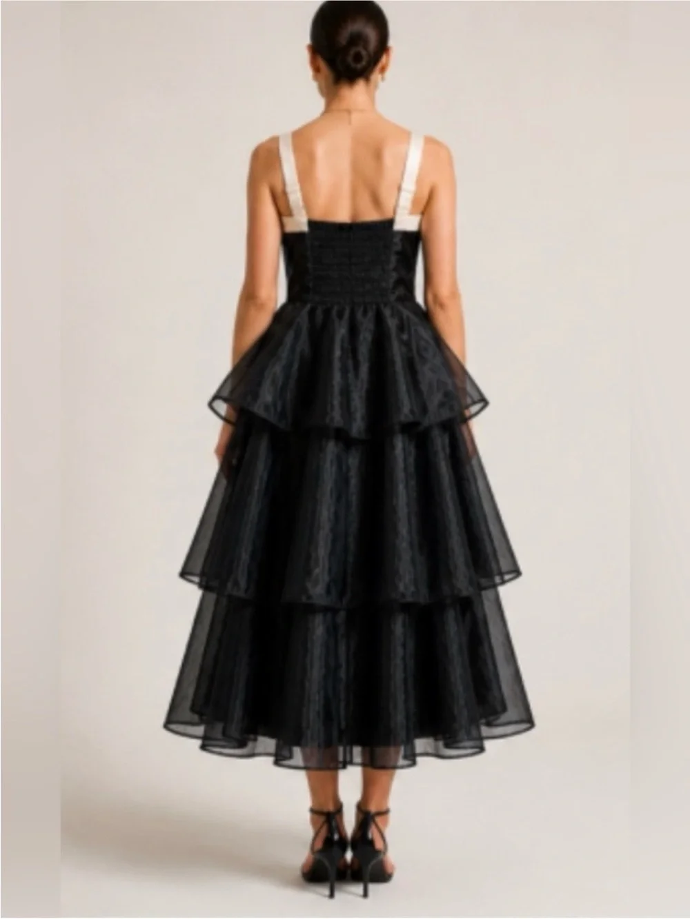 Lulu's Perfect Beauty Black Tiered Organza Midi Dress Blush Satin Bow Sz  XL NEW